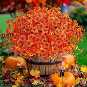 MARTINE MALL 12 Pcs Artificial Flowers for Outdoors, Fake Mums, Fall Flowers Faux Mums Outdoor Faux Fall Plants UV Resistant Silk Plastic Flower for Thanksgiving Outdoor Indoor Porch Decor (Orange)