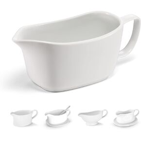 Kook Gravy Boat & Saucer, 17 oz, Ceramic Serving Dish, Dispenser with Tray for Sauces, Dressings and Creamer, Large Handle, Microwave and Dishwasher Safe, White (Classic Gravy Boat)