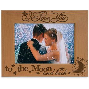 KATE POSH I Love You to The Moon and Back Engraved Natural Wood Picture Frame, Couples in Love Gifts, Valentine's Day, Engagement, Wedding (4x6-Vertical)