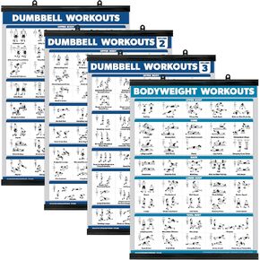 Palace Learning 4 Pack - Dumbbell Workout Posters Volume 1, 2 & 3 + Bodyweight Exercise Chart - Set of 4 Posters (Laminated with Plastic Frame, 18" x 24")
