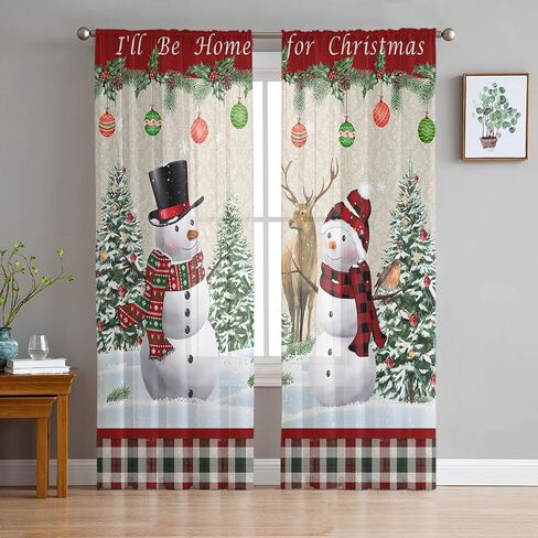 Christmas Sheer Curtains 84 Inch Length 2 Panels Set, Christmas Snowman Kitchen Curtains Rod Pocket Semi Sheer Drapes for Bedroom Living Room, Xmas Tree Elk Voile Curtain I'll Be Home for Christmas in Saudi Arabia