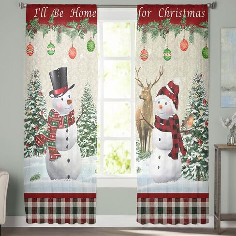 Christmas Sheer Curtains 84 Inch Length 2 Panels Set, Christmas Snowman Kitchen Curtains Rod Pocket Semi Sheer Drapes for Bedroom Living Room, Xmas Tree Elk Voile Curtain I'll Be Home for Christmas in Saudi Arabia