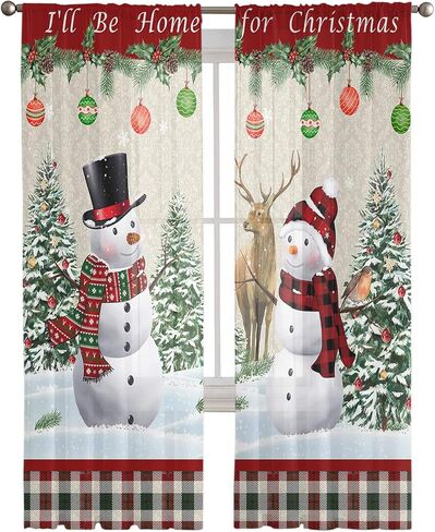 Christmas Sheer Curtains 84 Inch Length 2 Panels Set, Christmas Snowman Kitchen Curtains Rod Pocket Semi Sheer Drapes for Bedroom Living Room, Xmas Tree Elk Voile Curtain I'll Be Home for Christmas in Saudi Arabia