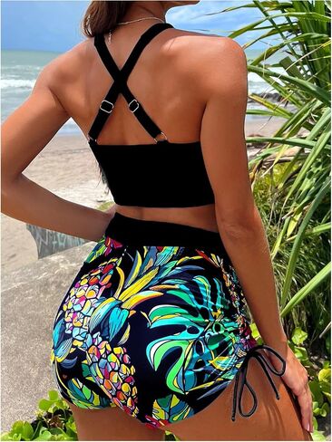 SOLY HUX Women's Tankini Tropical Swimsuit High Waist Halter Bikinis Two Piece Beach Bathing Suit in Saudi Arabia
