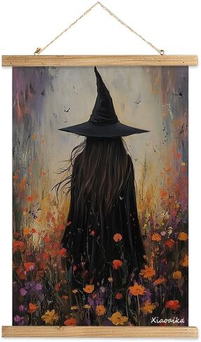 XIAOAIKA Vintage Halloween Witch Poster - Witch in Flower Field with Rustic Wooden Hanger Frame, Linen Canvas Wall Art Decor, 16x23 inches in Saudi Arabia