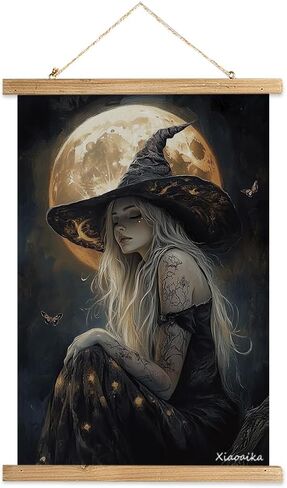 XIAOAIKA Vintage Halloween Witch Poster - Witch in Flower Field with Rustic Wooden Hanger Frame, Linen Canvas Wall Art Decor, 16x23 inches in Saudi Arabia