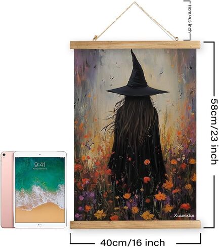 XIAOAIKA Vintage Halloween Witch Poster - Witch in Flower Field with Rustic Wooden Hanger Frame, Linen Canvas Wall Art Decor, 16x23 inches in Saudi Arabia