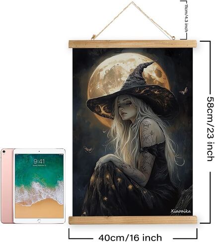 XIAOAIKA Vintage Halloween Witch Poster - Witch in Flower Field with Rustic Wooden Hanger Frame, Linen Canvas Wall Art Decor, 16x23 inches in Saudi Arabia