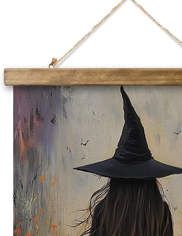 XIAOAIKA Vintage Halloween Witch Poster - Witch in Flower Field with Rustic Wooden Hanger Frame, Linen Canvas Wall Art Decor, 16x23 inches in Saudi Arabia