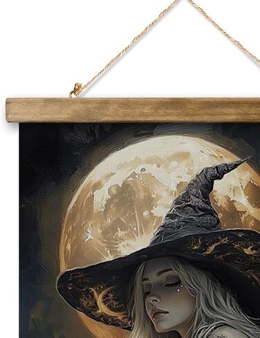 XIAOAIKA Vintage Halloween Witch Poster - Witch in Flower Field with Rustic Wooden Hanger Frame, Linen Canvas Wall Art Decor, 16x23 inches in Saudi Arabia