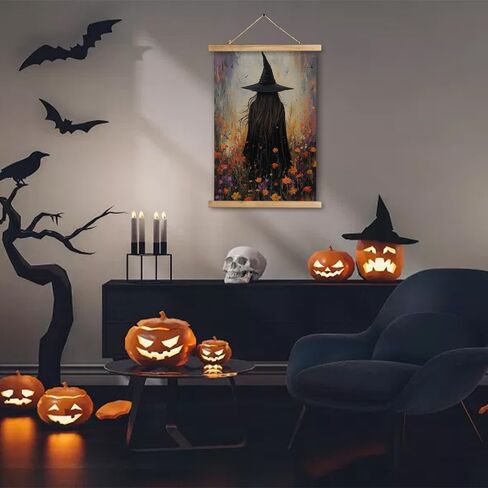 XIAOAIKA Vintage Halloween Witch Poster - Witch in Flower Field with Rustic Wooden Hanger Frame, Linen Canvas Wall Art Decor, 16x23 inches in Saudi Arabia