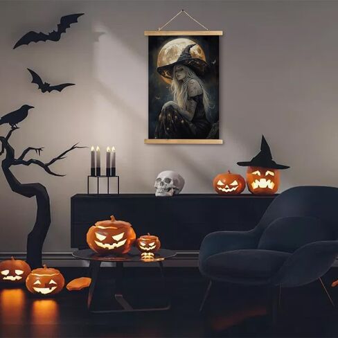 XIAOAIKA Vintage Halloween Witch Poster - Witch in Flower Field with Rustic Wooden Hanger Frame, Linen Canvas Wall Art Decor, 16x23 inches in Saudi Arabia