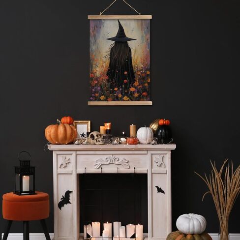 XIAOAIKA Vintage Halloween Witch Poster - Witch in Flower Field with Rustic Wooden Hanger Frame, Linen Canvas Wall Art Decor, 16x23 inches in Saudi Arabia