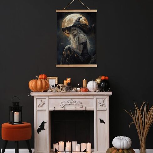 XIAOAIKA Vintage Halloween Witch Poster - Witch in Flower Field with Rustic Wooden Hanger Frame, Linen Canvas Wall Art Decor, 16x23 inches in Saudi Arabia