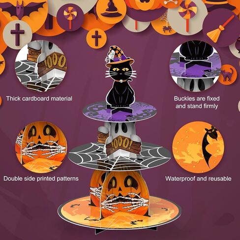 حامل كب كيك Cinrobiye Halloween ثلاثي الطبقات، ملون، من الورق المقوى، مثالي لعرض الحلويات، مناسب لديكور حفلات الهالوين in Saudi Arabia
