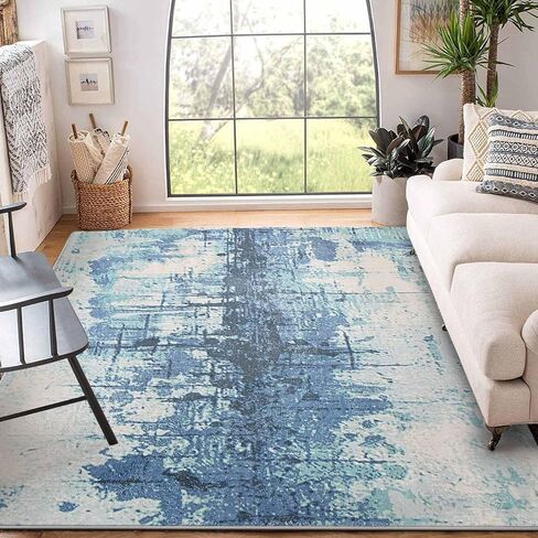 Area Rugs 5.2' x6.5' Abstract Rug Distressed Non-Slip Rug for Living Room Bedroom Carpet Indoor Home Rug Floor Mat, Ink Blue in Saudi Arabia