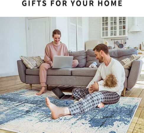 Area Rugs 5.2' x6.5' Abstract Rug Distressed Non-Slip Rug for Living Room Bedroom Carpet Indoor Home Rug Floor Mat, Ink Blue in Saudi Arabia