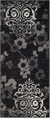 سجادة SAFAVIEH Adirondack Collection - 2'6" x 20'، أسود وفضي، تصميم زهري جلام دمشقي متعثر، لا يتساقط ويسهل العناية به، مثالي للمناطق ذات حركة المرور العالية في غرفة المعيشة وغرفة النوم (ADR114A) in Saudi Arabia