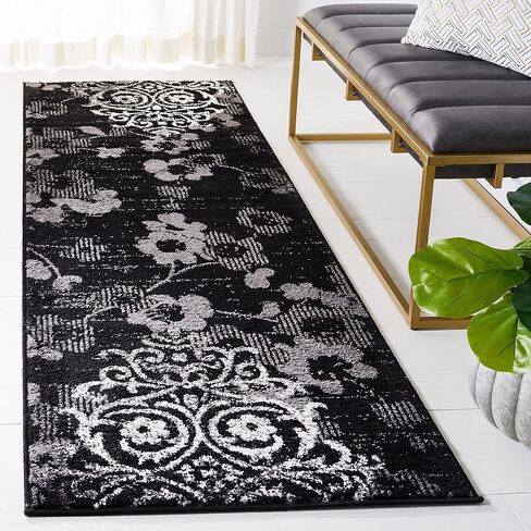 سجادة SAFAVIEH Adirondack Collection - 2'6" x 20'، أسود وفضي، تصميم زهري جلام دمشقي متعثر، لا يتساقط ويسهل العناية به، مثالي للمناطق ذات حركة المرور العالية في غرفة المعيشة وغرفة النوم (ADR114A) in Saudi Arabia