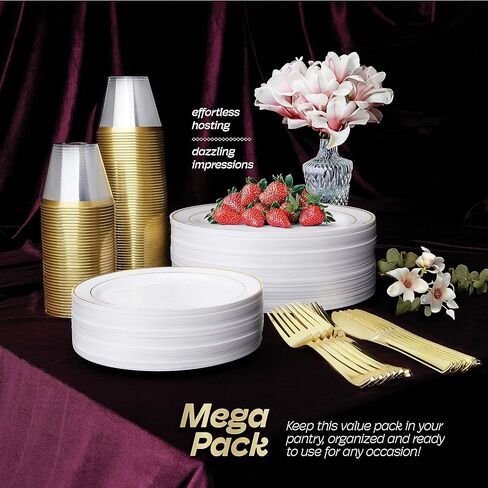 طقم أواني طعام بلاستيكية 600 قطعة من R-kay لـ 100 ضيف، أطباق شفافة للاستعمال مرة واحدة، مجموعات أطباق حفلات ذهبية لـ 100 ضيف، مجموعة أطباق زفاف للاستعمال مرة واحدة لـ 100 ضيف متضمنة. أطباق وأكواب وأدوات مائدة بلاستيكية ذهبية شفافة. in Kuwait