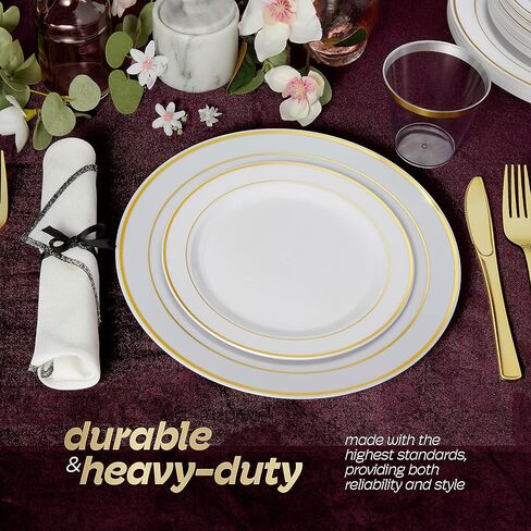 طقم أواني طعام بلاستيكية 600 قطعة من R-kay لـ 100 ضيف، أطباق شفافة للاستعمال مرة واحدة، مجموعات أطباق حفلات ذهبية لـ 100 ضيف، مجموعة أطباق زفاف للاستعمال مرة واحدة لـ 100 ضيف متضمنة. أطباق وأكواب وأدوات مائدة بلاستيكية ذهبية شفافة. in Kuwait