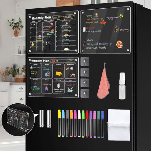 3 Pcs Magnetic Fridge Calendar, Dry Erase Calendar for Refrigerator, Monthly Weekly and Blank Board Acrylic Calendar for Wall, Kitchen, Desk, with 12 Colors Markers Pen, Magnetic Pen Holder and Towel in Saudi Arabia