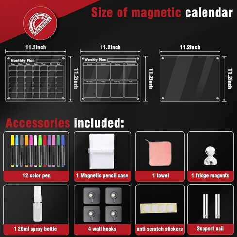 3 Pcs Magnetic Fridge Calendar, Dry Erase Calendar for Refrigerator, Monthly Weekly and Blank Board Acrylic Calendar for Wall, Kitchen, Desk, with 12 Colors Markers Pen, Magnetic Pen Holder and Towel in Saudi Arabia