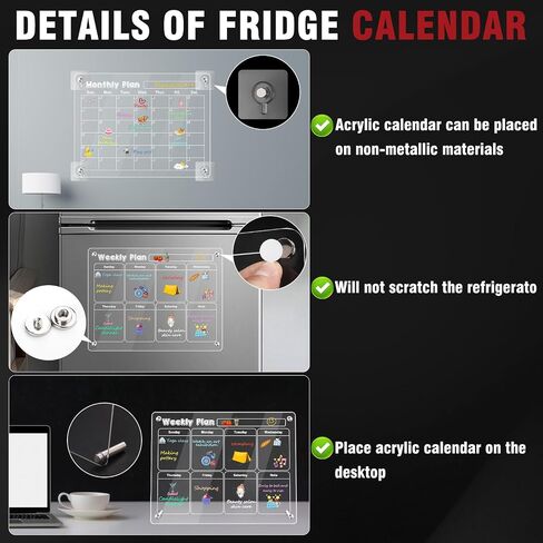 3 Pcs Magnetic Fridge Calendar, Dry Erase Calendar for Refrigerator, Monthly Weekly and Blank Board Acrylic Calendar for Wall, Kitchen, Desk, with 12 Colors Markers Pen, Magnetic Pen Holder and Towel in Saudi Arabia