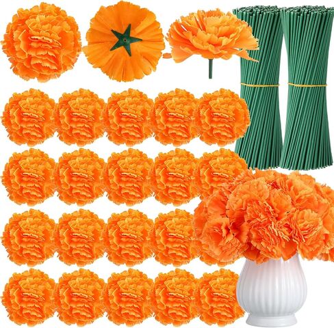 Riceshoot 300 Pcs 3.35" Marigold Flower Heads Bulk Silk Artificial Fake Marigold Flower Orange Decorations for Dia De Los Muertos Diwali Day of The Dead Garland Party Altar Halloween Decorations in Saudi Arabia