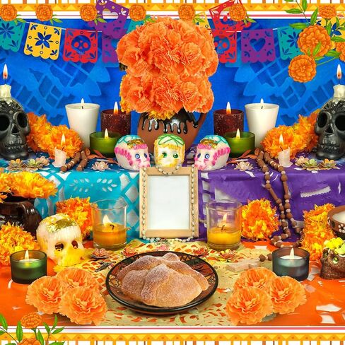 Riceshoot 300 Pcs 3.35" Marigold Flower Heads Bulk Silk Artificial Fake Marigold Flower Orange Decorations for Dia De Los Muertos Diwali Day of The Dead Garland Party Altar Halloween Decorations in Saudi Arabia