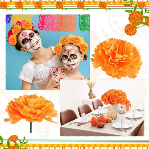 Riceshoot 300 Pcs 3.35" Marigold Flower Heads Bulk Silk Artificial Fake Marigold Flower Orange Decorations for Dia De Los Muertos Diwali Day of The Dead Garland Party Altar Halloween Decorations in Saudi Arabia