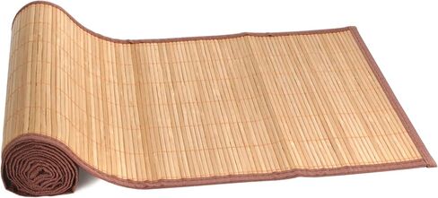 BambooMN Natural Brown Slat Bamboo Table Runner with Fabric Border, Home Décor, Brown w/ Black Border - 2 Piece in Saudi Arabia
