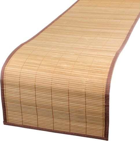 BambooMN Natural Brown Slat Bamboo Table Runner with Fabric Border, Home Décor, Brown w/ Black Border - 2 Piece in Saudi Arabia