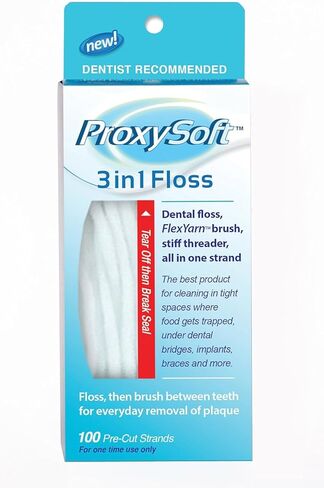خيط تنظيف الأسنان ProxySoft 3 في 1 لتنظيف الأسنان الأمثل - عبوة واحدة من خيوط خيط تنظيف الأسنان مسبقة القطع للأقواس والمساحات الضيقة والجسور والمزروعات مع فرشاة بروكسي ناعمة مدمجة وخيط تنظيف الأسنان القوي in Kuwait