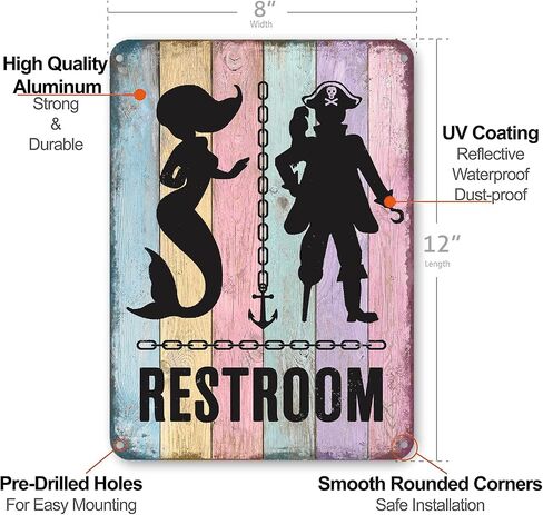 HYBLOM Mermaid Bathroom Decor - Pirate Themed Restroom Signs - Vintage Nautical Wall Decor - Funny Beach Toilets Door Signs Metal Aluminum 12x8 Inches in Saudi Arabia