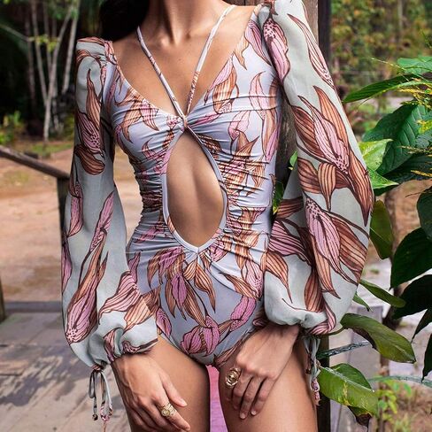 Women Sexy One-Piece Hollow Out Leaves Print Bikini Puff Sleeve V-Neck Swimsuit in Kuwait