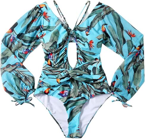 Women Sexy One-Piece Hollow Out Leaves Print Bikini Puff Sleeve V-Neck Swimsuit in Kuwait