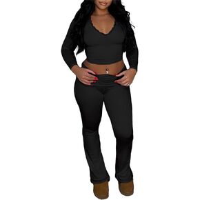 Women's 2 Piece Lounge Sets Fold Over Flare Yoga Pants Set Long Sleeve Cropped Top Casual Y2K Outfits Pajamas