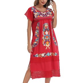 YZXDORWJ Women Embroidered Mexican Present Lace Short Sleeves Long Traditional Dress