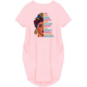 WbJetr I Am Black Woman Beautiful Magic Short Sleeve Loose Pocket Oversize Tunic Dress