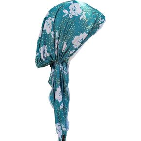 Pre Tied Head Scarf for Women, Teal Green with White Floral Design Head Covering, Slip On Chemo Beanie Hat, Cancer Headwear
