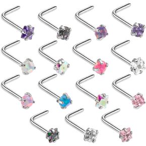 Yolev 15Pcs 18G 20G Surgical Stainless Steel Nose Rings Studs L Shaped Screw Studs Rings Cubic Nose Rings Hypoallergenic Stainless Steel Czech Crystal Small Nose Piercing Set