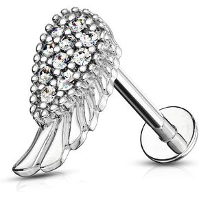Forbidden Body Jewelry 16g 6-8mm Internally Threaded Surgical Steel Cartilage/Tragus/Labret/Monroe Stud w/CZ Angel Wing Top