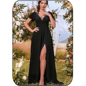 Aukmla Women's V Neck Maxi Formal Dress Black Petite Cape Sleeve Split Dresses A-line Evening Prom Guest Gowns