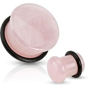 Pierced Owl - Rose Quartz Natural Stone Domed Single Flared Plugs with Black O Ring, Sold as a Pair