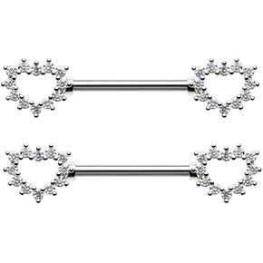 Pierced Owl 14GA Stainless Steel CZ Crystal Heart Outline Nipple Barbells, Sold as a Pair
