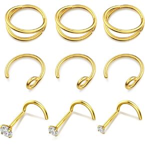 BodyBonita 9pcs 20G 316L Surgical Steel Nose Rings Hoops L Shape Nose Screw Studs 1.5mm/2mm /3mm Clear CZ Simple/Double Hoop Nose Ring Gold/Silver/Rose Gold/Black/Mix Daith 8mm/10mm Piercing Jewelry