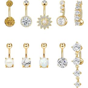 REVOLIA 10 Pcs 14G Stainless Steel Belly Button Rings for Women Girls Reverse Navel Rings CZ Marble Stone Body Piercing Jewelry Gold