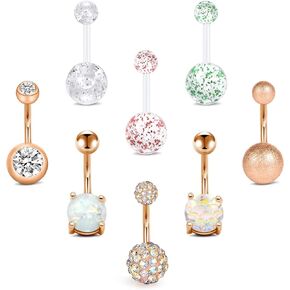 FECTAS 14g Belly Button Rings Surgical Steel CZ Navel Ring Barbell for Women Girls Body Piercing Jewelry with Retainers Rose Gold Silver