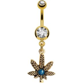 Gold Marijuana Leaf Belly Button Ring With Cz Stones